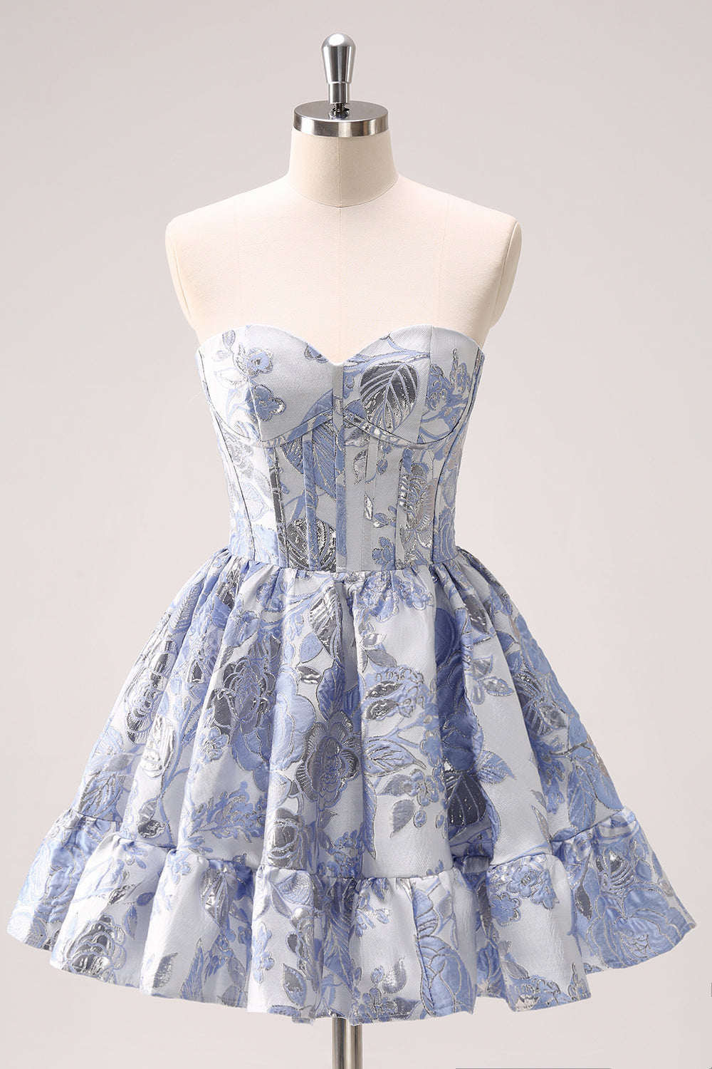 A Line Blue Corset Strapless Ruffles Floral Short Homecoming Dress