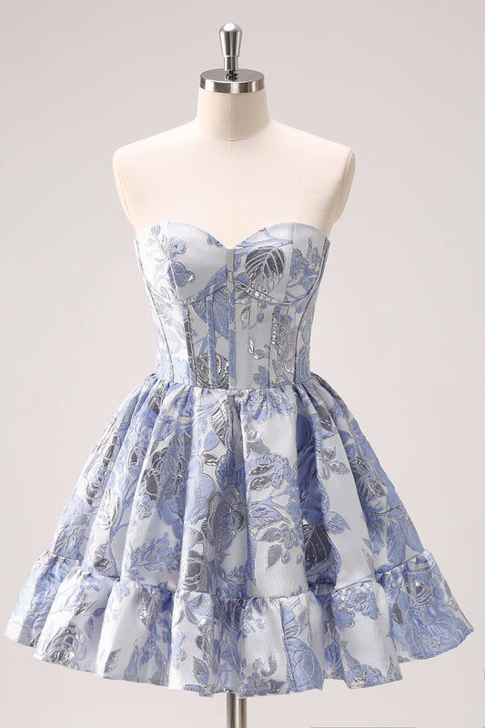 A Line Blue Corset Strapless Ruffles Floral Short Homecoming Dress