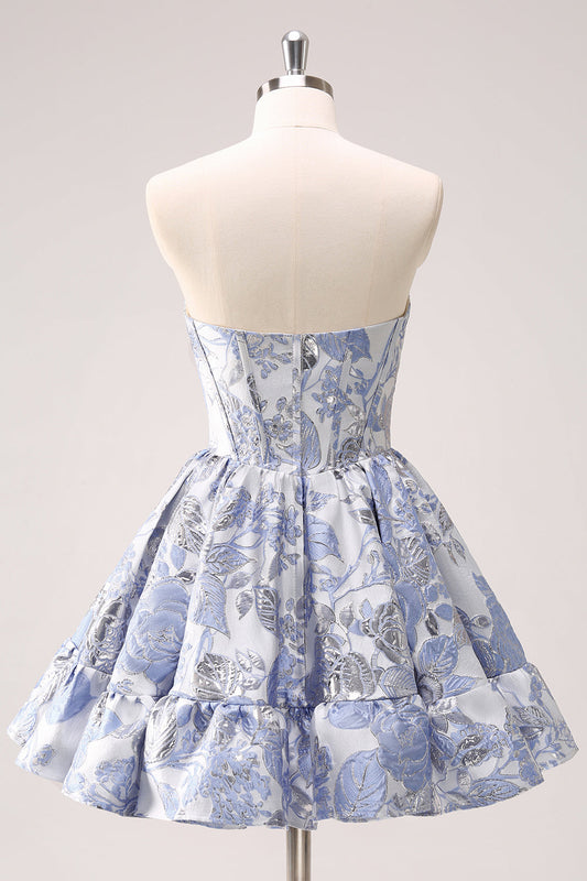A Line Blue Corset Strapless Ruffles Floral Short Homecoming Dress
