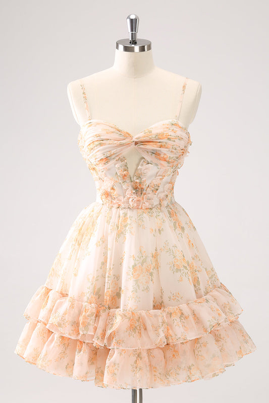 A Line Yellow Spaghetti Straps Floral Short Homecoming Dress