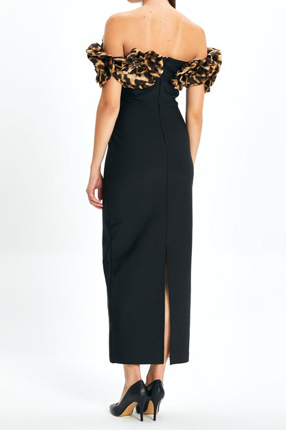 3d flower leopard pattern bandage maxi dress in black