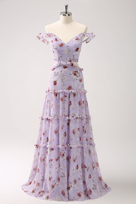 A Line Grey Purple Floral Off The Shoulder Long Prom Dress