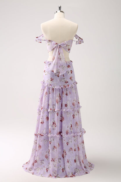 A Line Grey Purple Floral Off The Shoulder Long Prom Dress