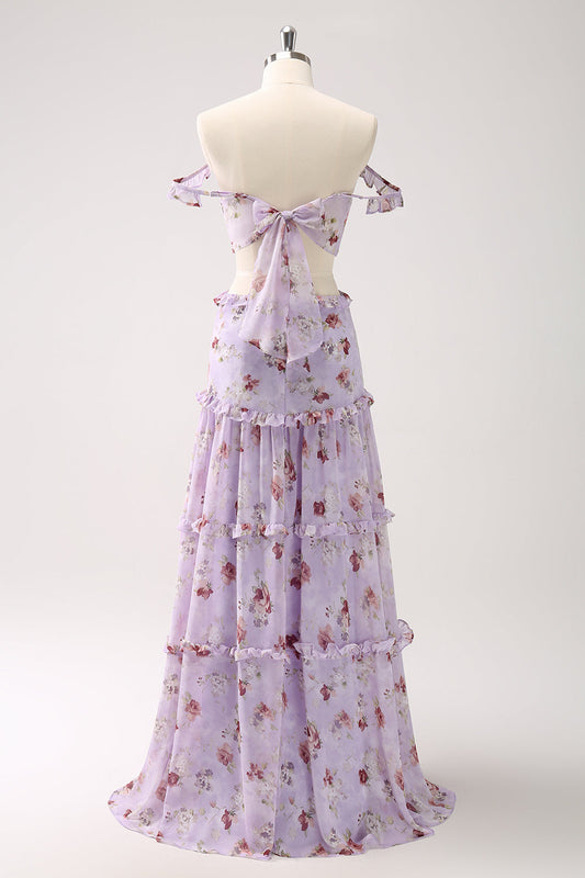 A Line Grey Purple Floral Off The Shoulder Long Prom Dress