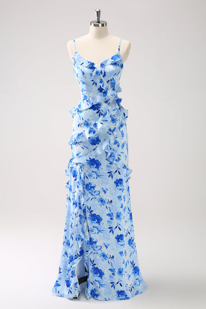 Blue Sheath Spaghetti Straps Floral Long Prom Dress With Slit