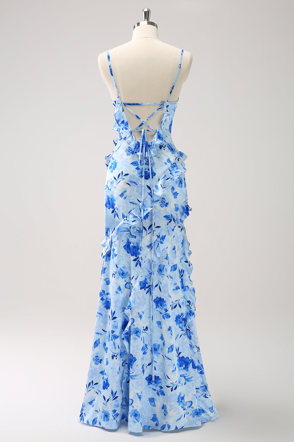 Blue Sheath Spaghetti Straps Floral Long Prom Dress With Slit