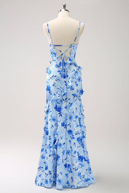 Blue Sheath Spaghetti Straps Floral Long Prom Dress With Slit