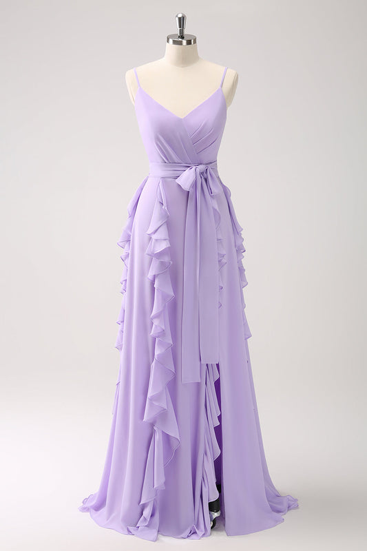 A Line Lilac Spaghetti Straps Ruffles Long Prom Dress With Slit