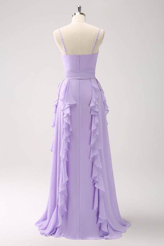 A Line Lilac Spaghetti Straps Ruffles Long Prom Dress With Slit