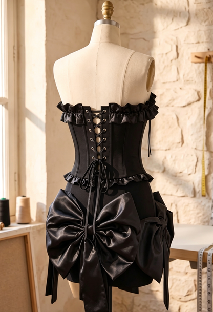 Black Structured Matte Crepe Fitted Corset with Voluminous Satin Bow Mini Skirt Two-Piece Set