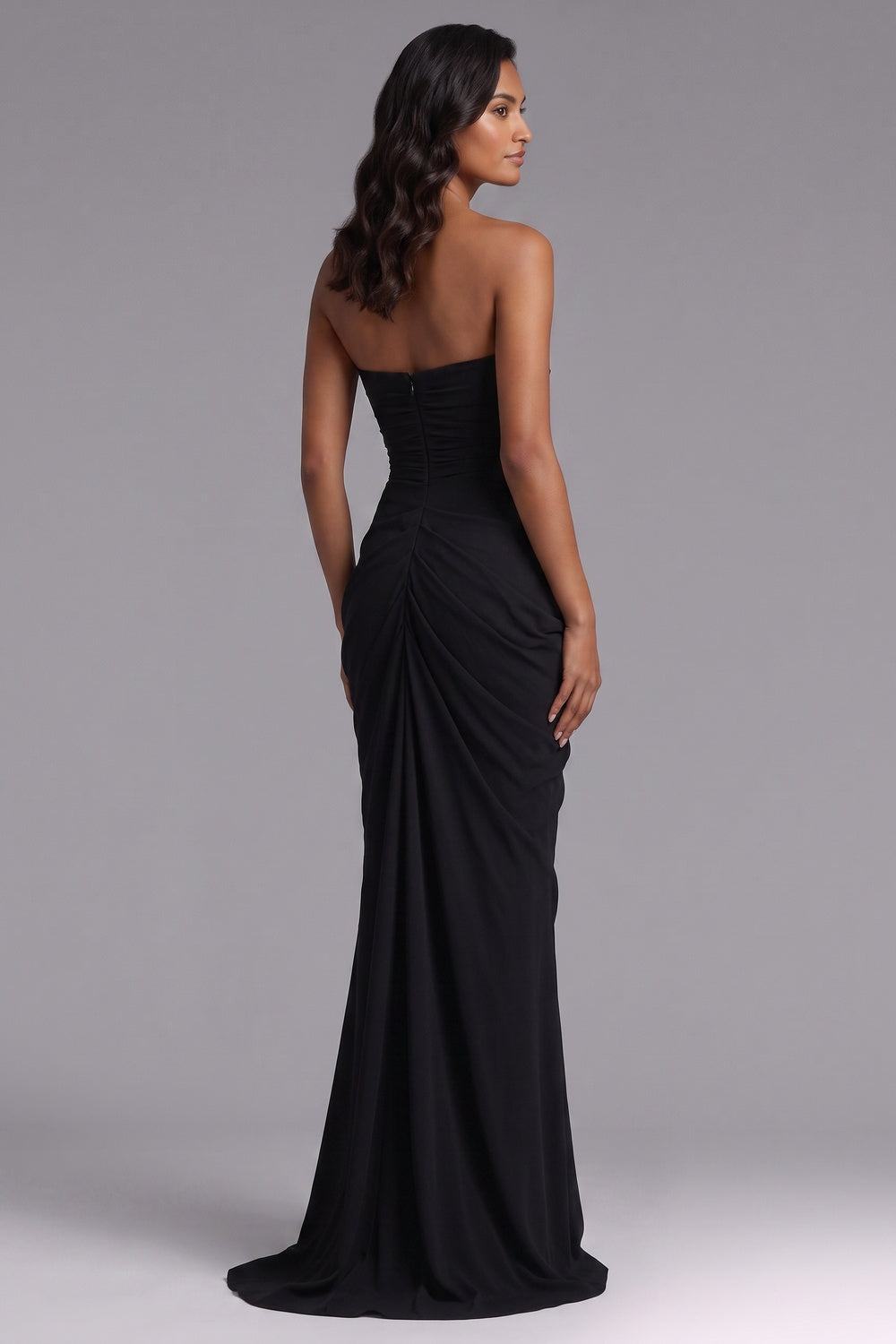 black crepe column with asymmetrical drape evening gown black crepe evening gown - product view 5