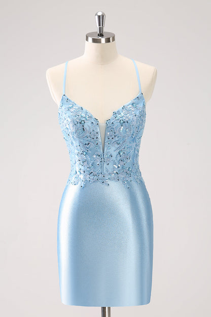 Blue Spaghetti Straps Sequined Tight Homecoming Dress