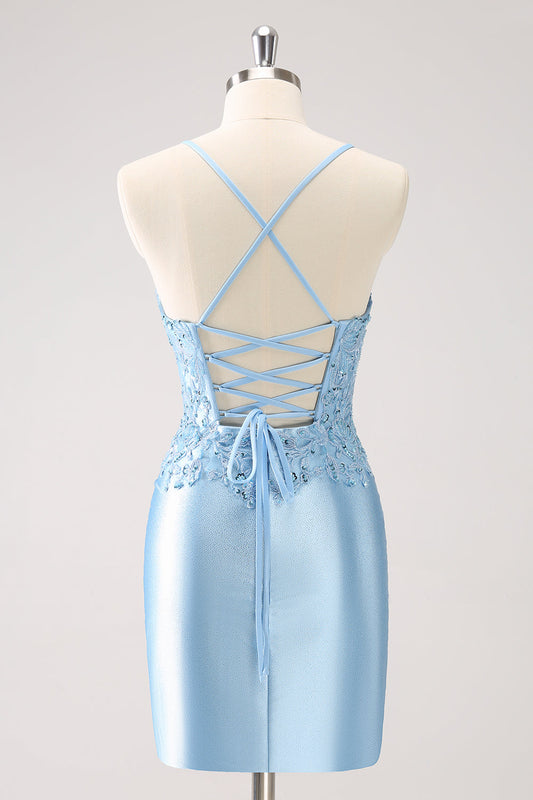 Blue Spaghetti Straps Sequined Tight Homecoming Dress
