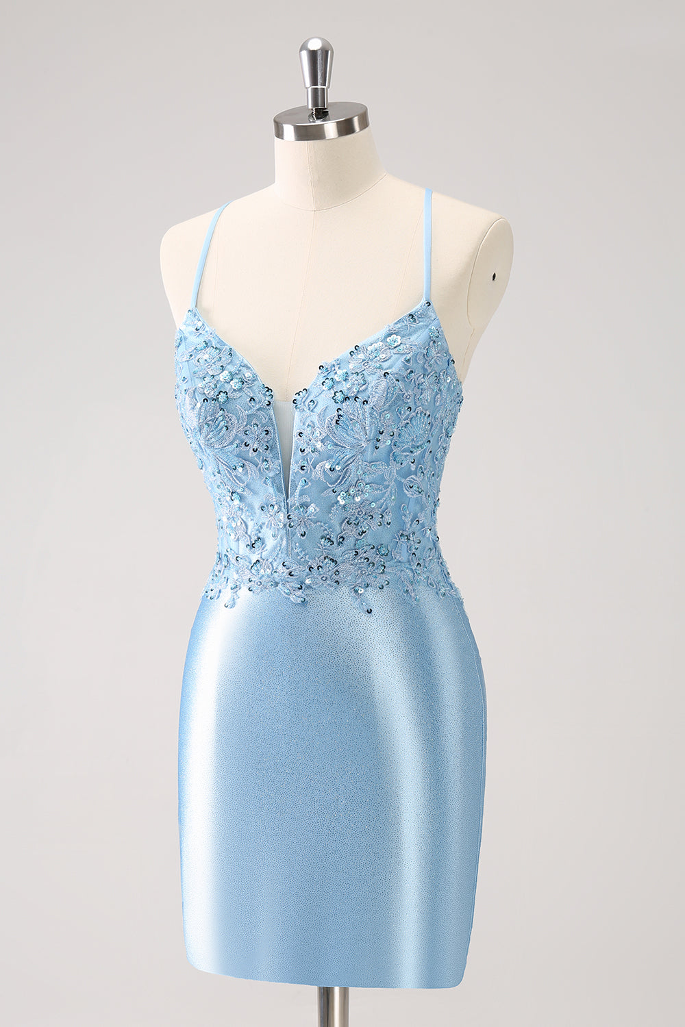Blue Spaghetti Straps Sequined Tight Homecoming Dress