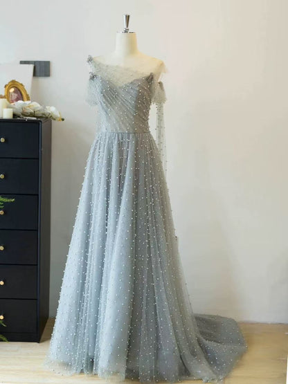 Dusty Blue one-shoulder pearl maxi evening dress