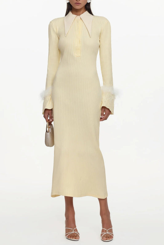 irma yellow Long Sleeve Feather Knit Maxi Dress
