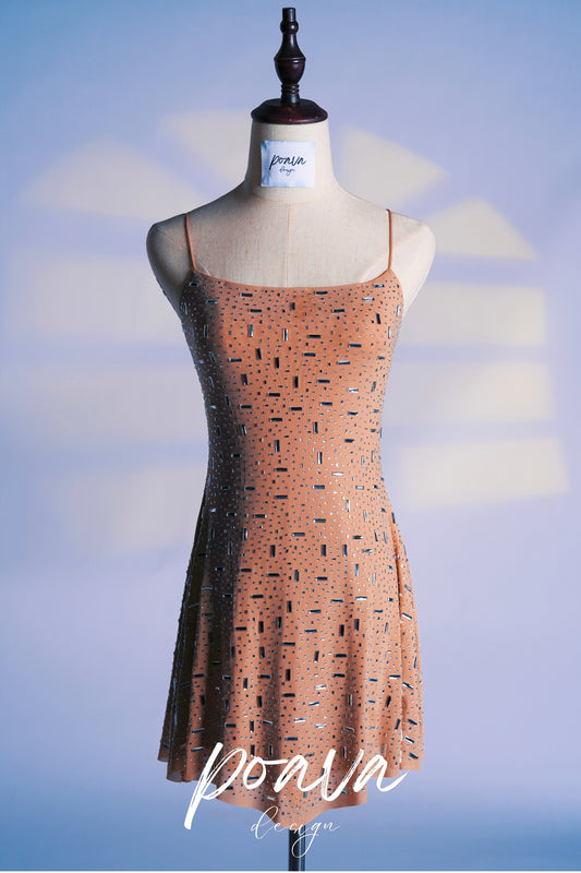 Elastic embellished mini dress in skin