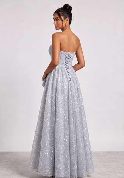 Silver-Blue Glitter Tulle A-Line Evening Gown