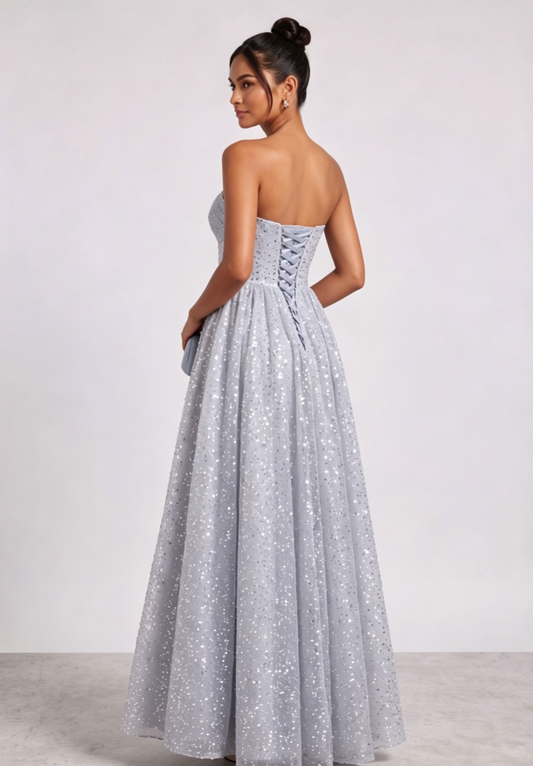 Silver-Blue Glitter Tulle A-Line Evening Gown