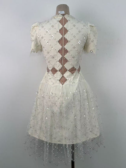 Henrietta Ivory Sequin Mini Dress with Mesh Panels