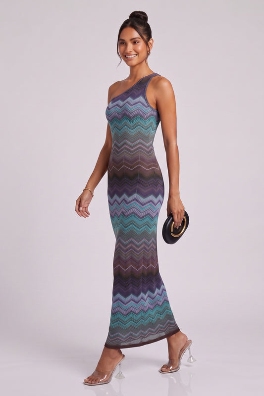 One-Shoulder Chevron Maxi Dress in Teal, Purple & Brown teal, purple, brown fine knit dress - product view 2