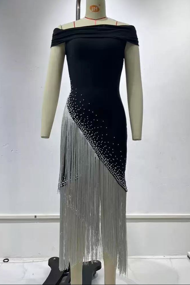 Off Shoulder Rhinestone Diagonal Fringe Midi Bandage Dress