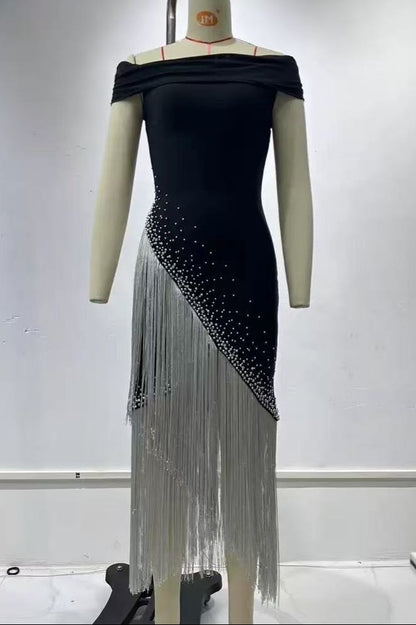 Off Shoulder Rhinestone Diagonal Fringe Midi Bandage Dress