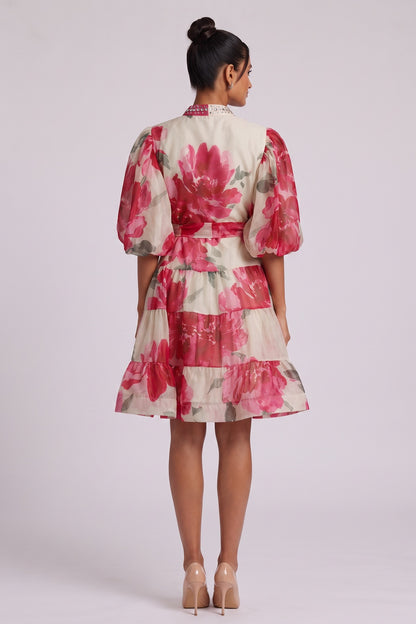 Cream Organza Watercolor Floral A-Line Dress with Puff Sleeves cream, off-white organza dress - product view 5