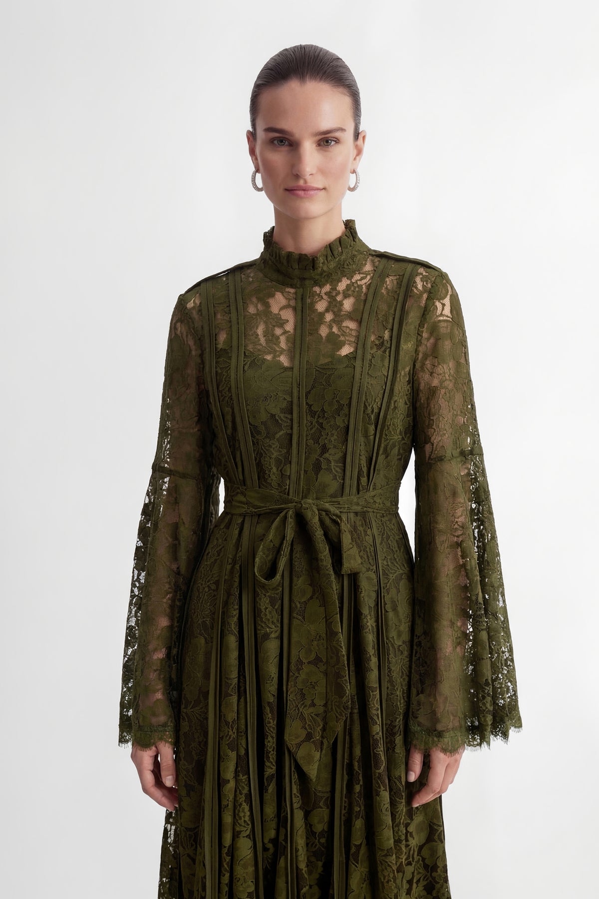 Olive Green Floral Lace High Neck Bell Sleeve Self-Tie Waist Maxi Dress