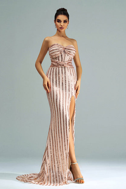 Apricot Mermaid Strapless Sequined Split maxi Dress