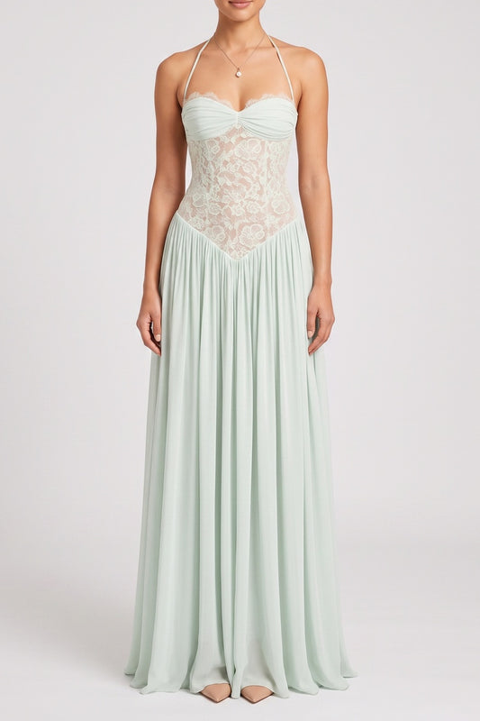 Halter Twist Bust Floral Lace Corset Chiffon Maxi Dress