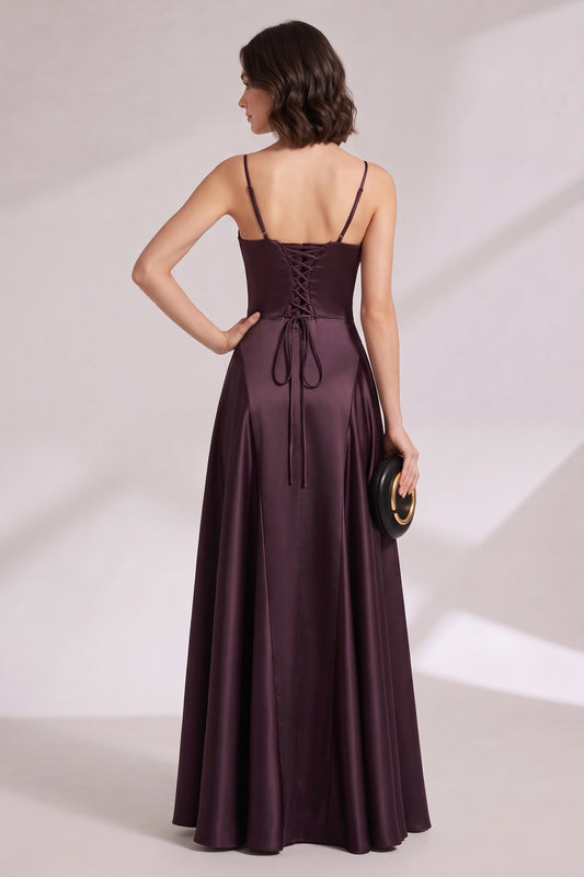 deep plum satin A-line evening gown deep plum satin evening gown - product view 5