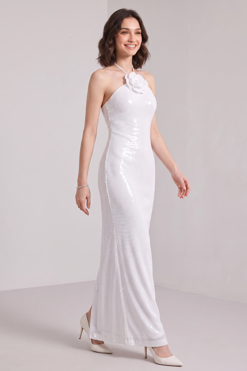 White Sequined Mesh Column Dress with Flower Embellishment white sequined mesh dress - product view 2