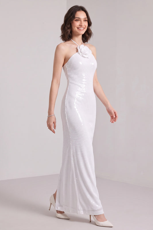 White Sequined Mesh Column Dress with Flower Embellishment white sequined mesh dress - product view 2