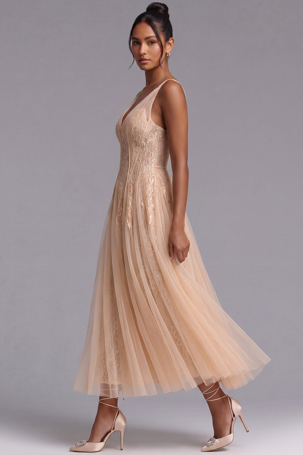 Champagne Lace V-Neck Evening Dress Premium Fabric - product view 2