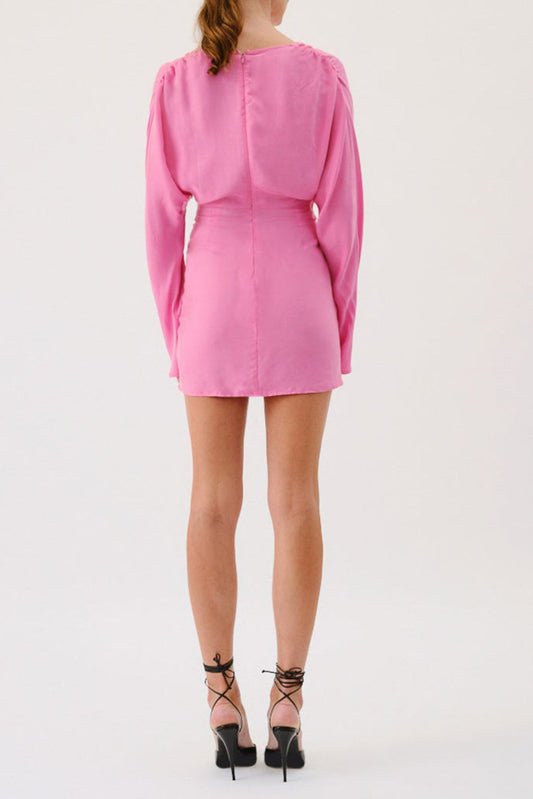 Long Sleeve Twist Front Mini Dress - Pink