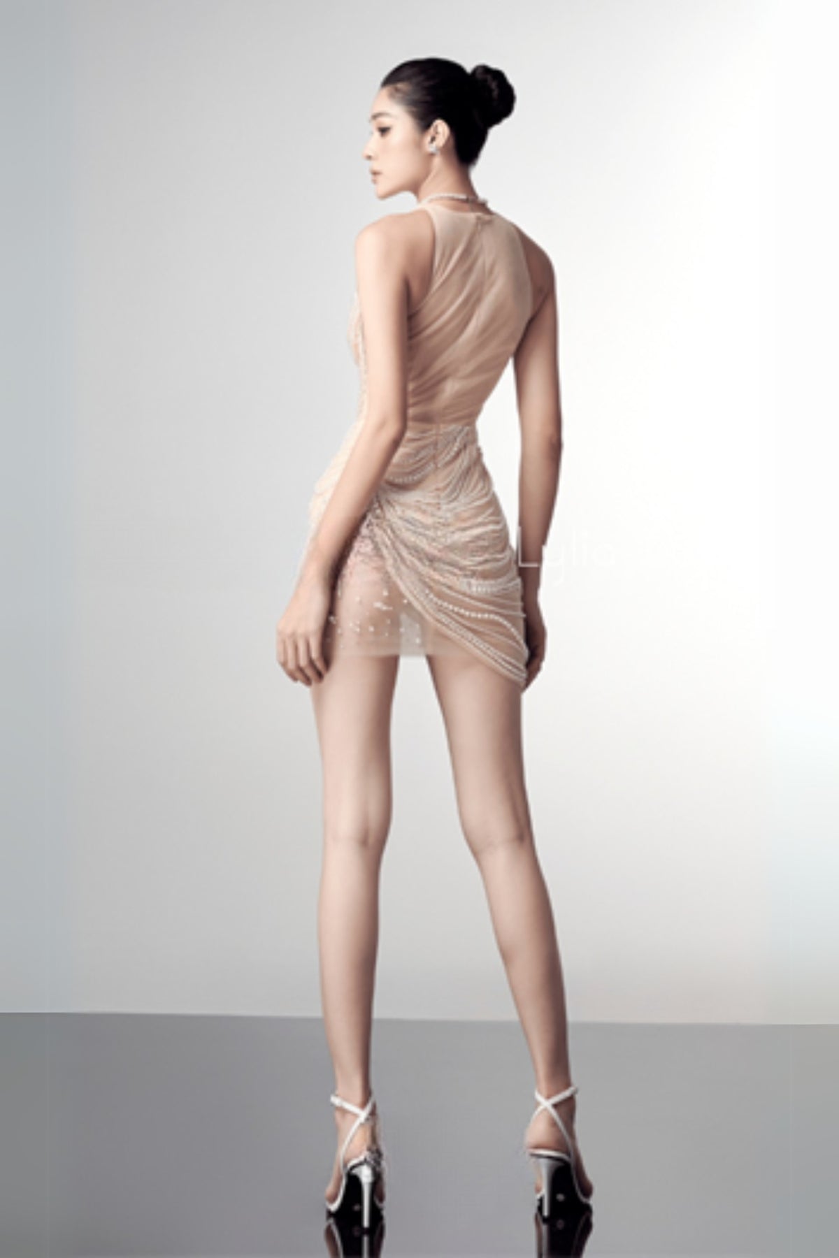 pearl-embellished fish bone mini dress in apricot