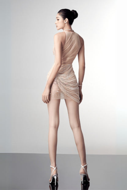 pearl-embellished fish bone mini dress in apricot