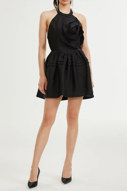 FLORAL APPLIQUÉ HALTER NECK MINI DRESS IN BLACK