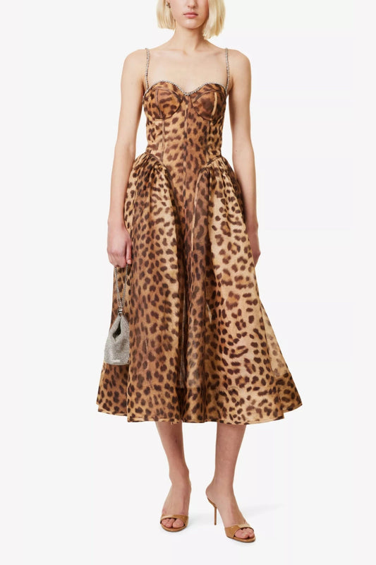 Animal Print Crystal Bustier A Line Midi Dress