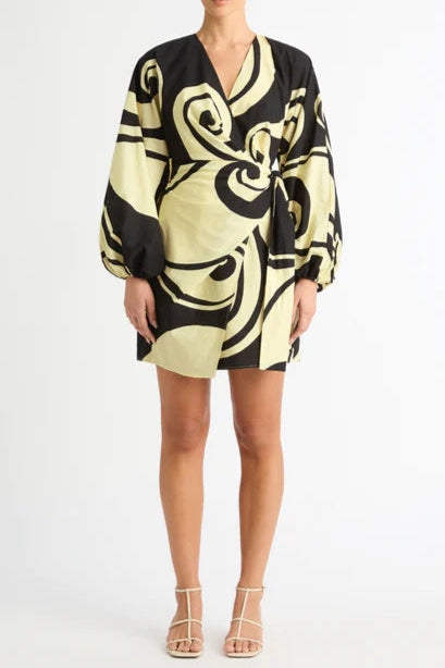 oceanic swirl v-neck puff sleeve mini dress