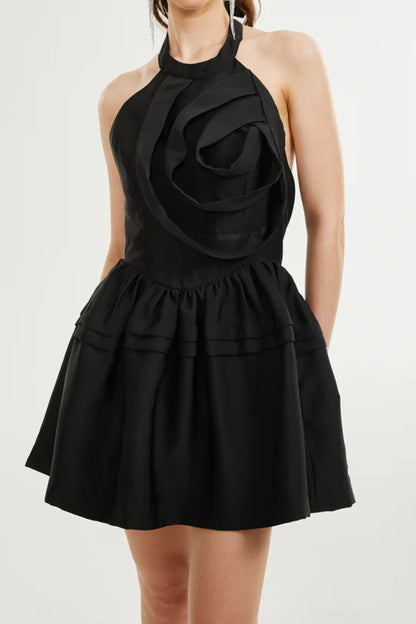 FLORAL APPLIQUÉ HALTER NECK MINI DRESS IN BLACK