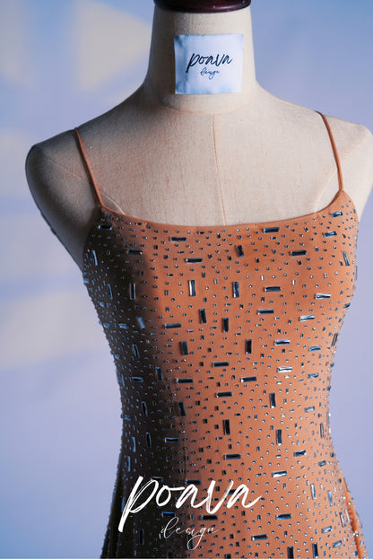 Elastic embellished mini dress in skin
