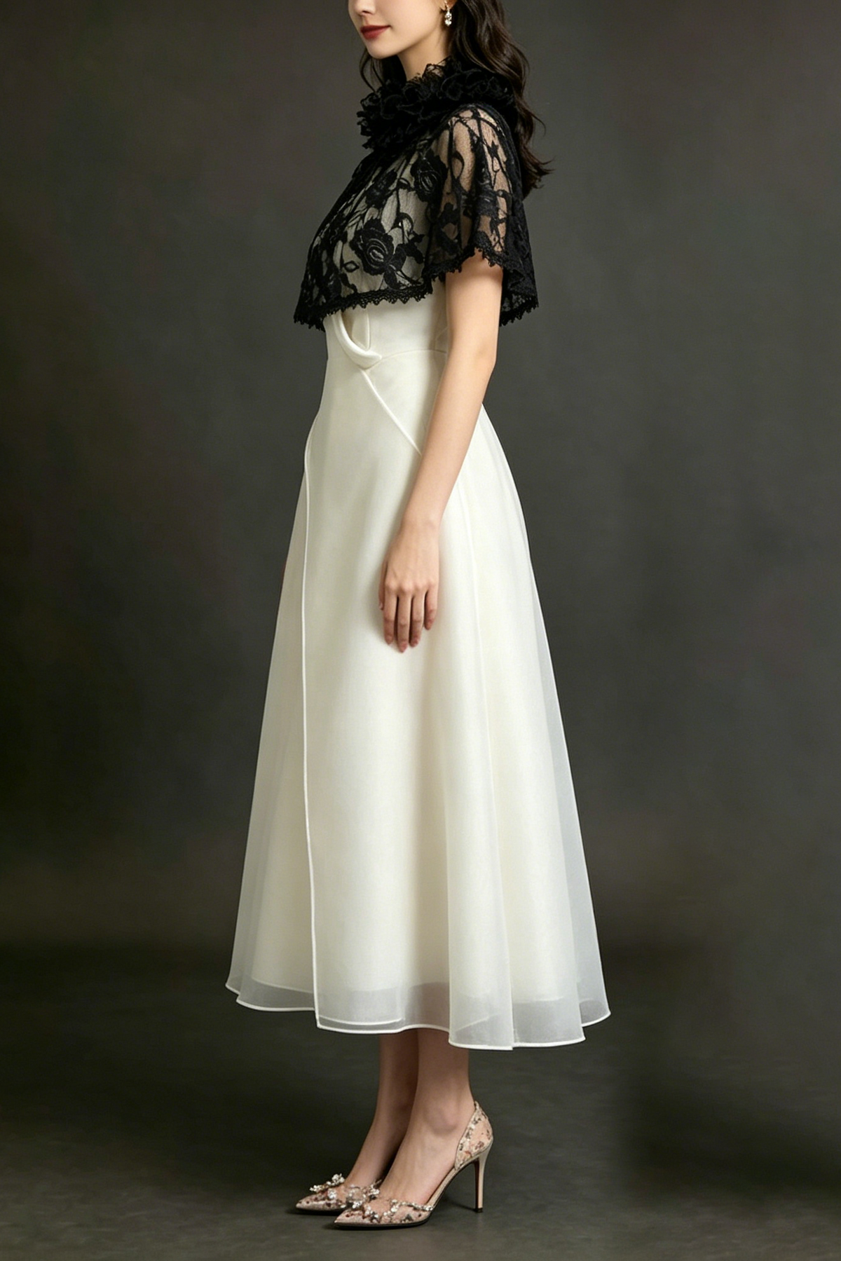 Black Lace Capelet Organza Midi Formal Dress