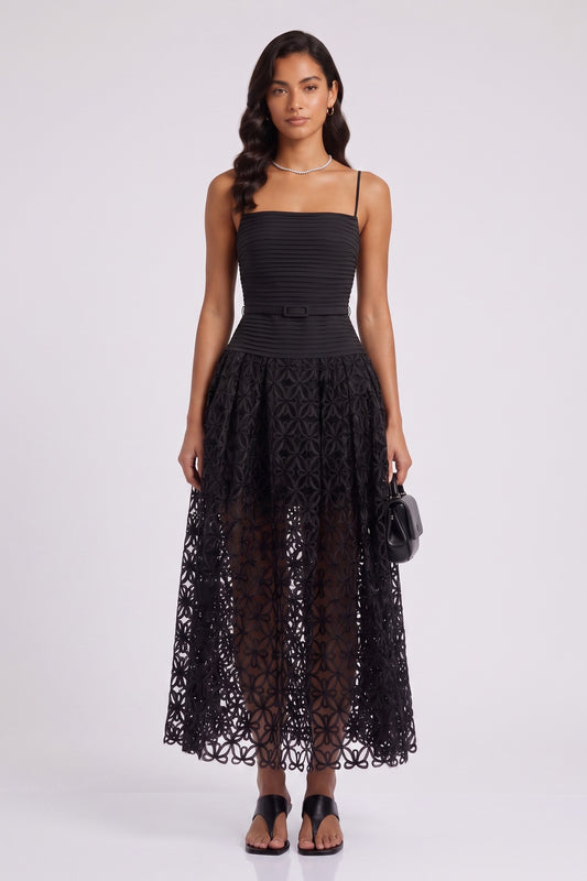 Black Spaghetti Strap Pleated Bodice Floral Cutout Lace Midi Dress