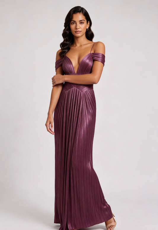 plum pleated satin or metallic synthetic blend column evening gown