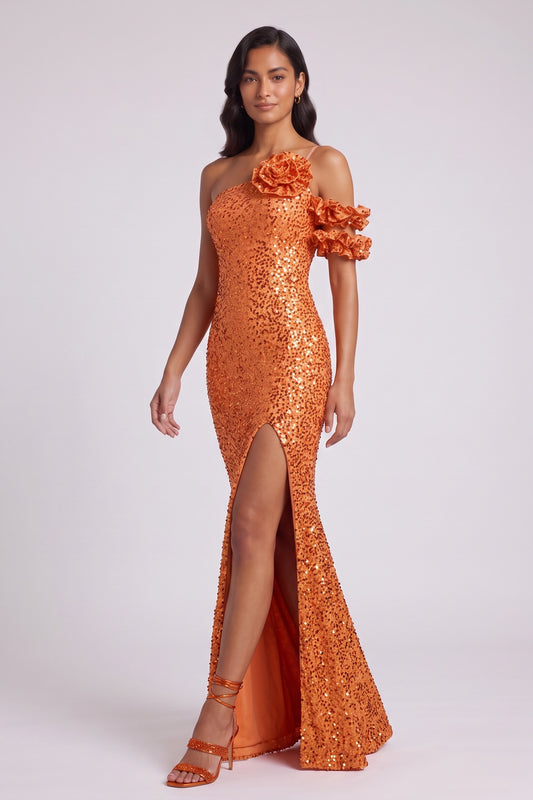 Orange Sequin One-Shoulder Floor-Length Gown Premium Fabric - product view 3