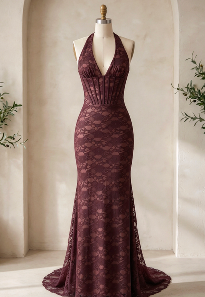 Dark Brown Floral Lace Mermaid Maxi Dress with Corset Bodice