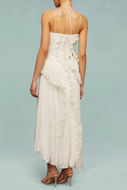 alva Sleeveless Folds Slit Maxi Dress in light white