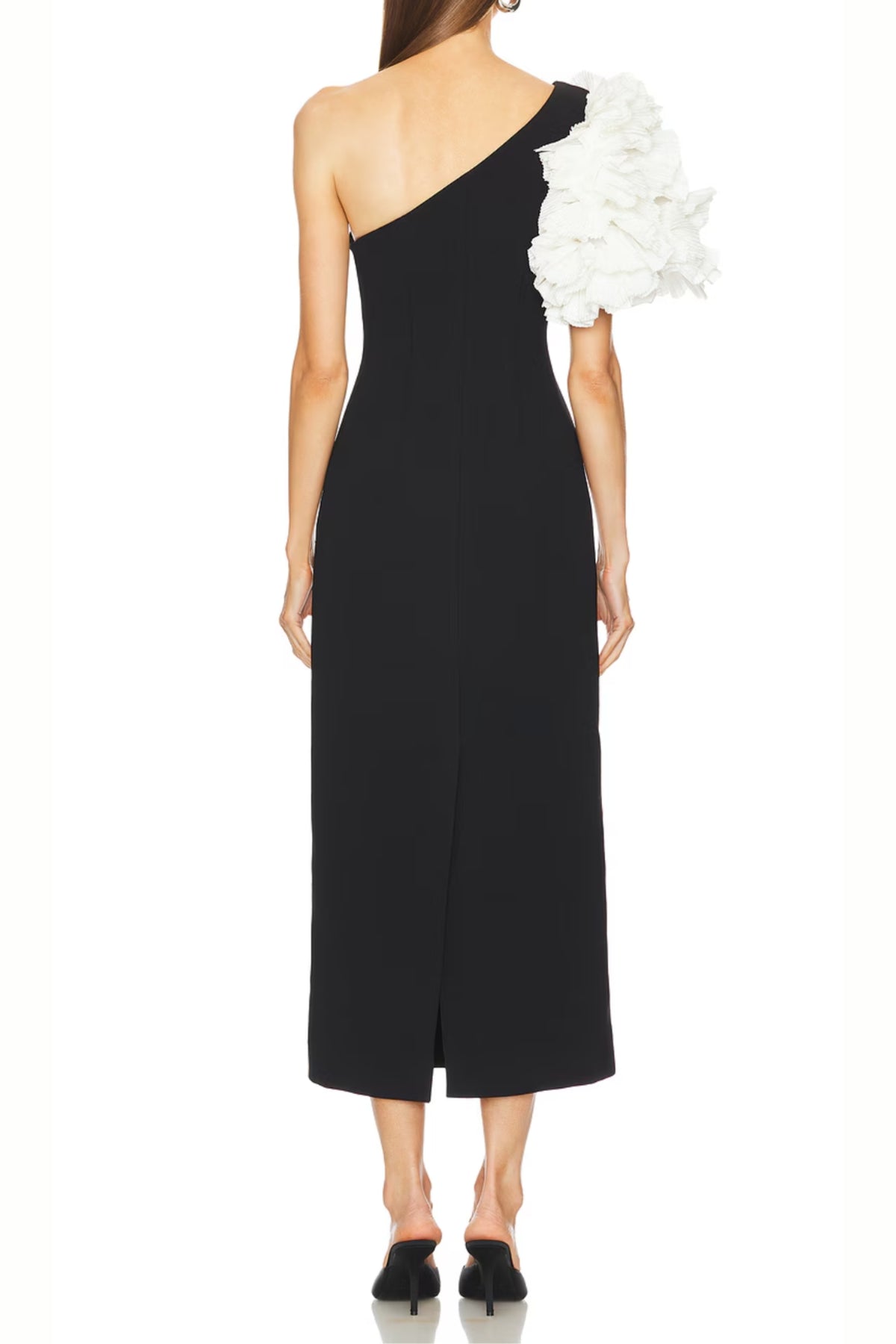 white flower embellished strapless black  midi dress